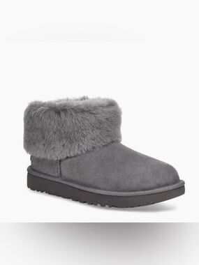 NEW UGG Classic Mini Gray Fluff Boots With Sheepskin Collar And Rope Detail
